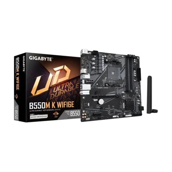Gigabyte b550m k wifi6e am4 ddr4 motherboard Gigabyte b550m k wifi6 motherboard with external antenna beside its retail box.