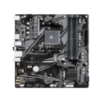 Black gigabyte motherboard with cpu socket, four ram slots, pcie slots, and i/o ports visible.