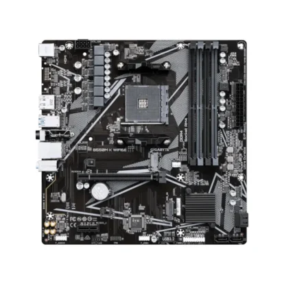 Black gigabyte motherboard with cpu socket, four ram slots, pcie slots, and i/o ports visible.