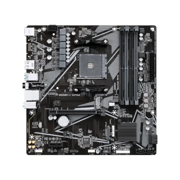 Gigabyte b550m k wifi6e am4 ddr4 motherboard Black gigabyte motherboard with cpu socket, four ram slots, pcie slots, and i/o ports visible.