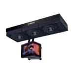 Lian li three-fan pc liquid cooling radiator with an attached small lcd display unit hanging beneath it