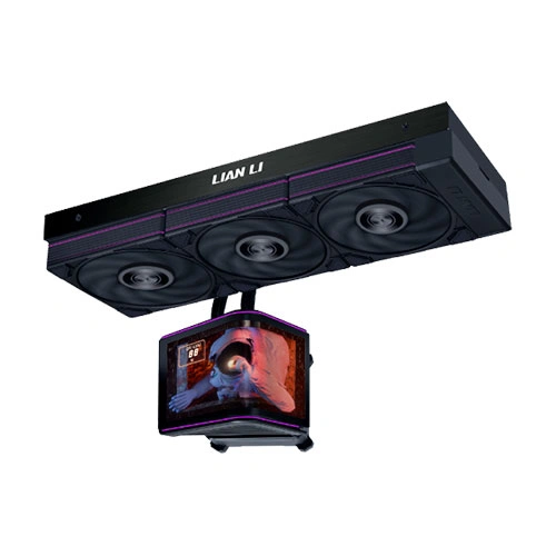 Lian li hydroshift ii oled curved 360p28 argb cpu liquid cooler Lian li three-fan pc liquid cooling radiator with an attached small lcd display unit hanging beneath it
