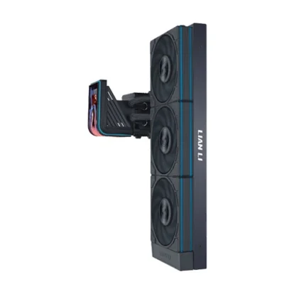 Lian Li triple-fan GPU cooler with vertical water block mounted on a graphics card (side view).