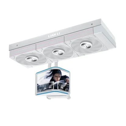 White ceiling-mounted cooling unit with three large fans and a curved monitor hanging beneath, displaying a person/game image.