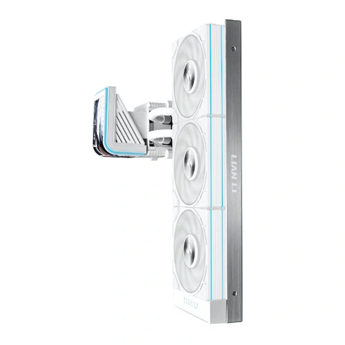 Lian li hydroshift ii oled curved 360p28 argb white cpu liquid cooler White three-fan gpu cooling radiator mounted to a pcie bracket with blue accents.