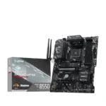 Msi b550 gaming wifi motherboard with two antennas, shown next to its packaging box.