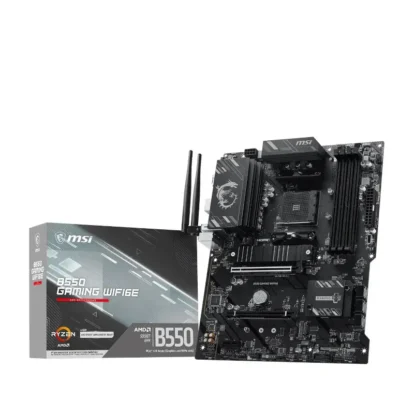 Msi b550 gaming wifi6e am4 ddr4 motherboard Msi b550 gaming wifi motherboard with two antennas, shown next to its packaging box.