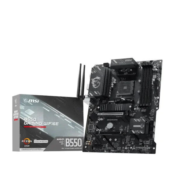 Msi b550 gaming wifi6e am4 ddr4 motherboard Msi b550 gaming wifi motherboard with two antennas, shown next to its packaging box.