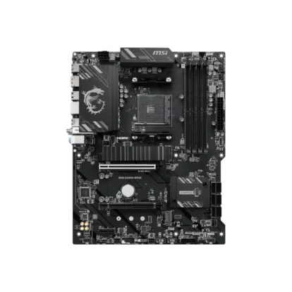 Msi b550 gaming wifi motherboard seen from above, showing cpu socket, ram slots, pcie slots, and i/o panel.
