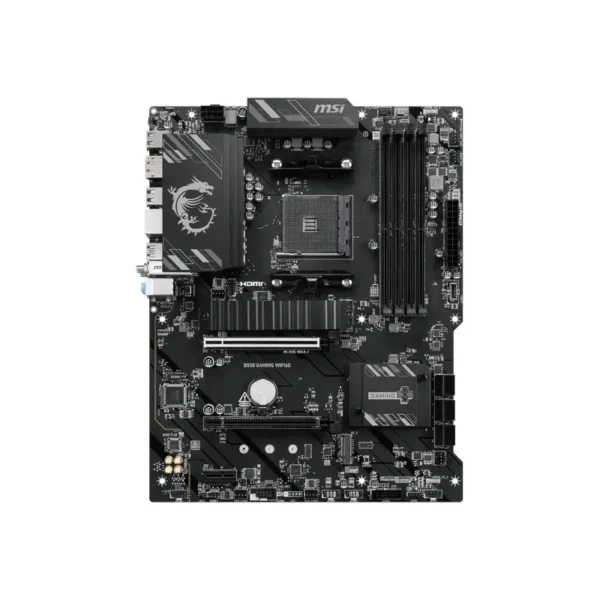 Msi b550 gaming wifi6e am4 ddr4 motherboard Msi b550 gaming wifi motherboard seen from above, showing cpu socket, ram slots, pcie slots, and i/o panel.