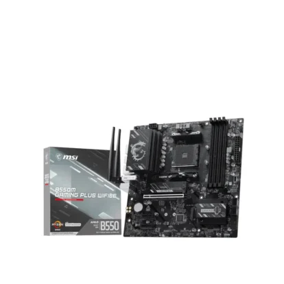 Msi b550m gaming plus wifi6e am4 ddr4 motherboard Msi b550m gaming plus wifi motherboard with its boxed packaging beside it.