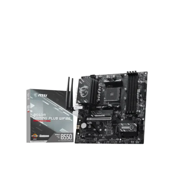 Msi b550m gaming plus wifi6e am4 ddr4 motherboard Msi b550m gaming plus wifi motherboard with its boxed packaging beside it.