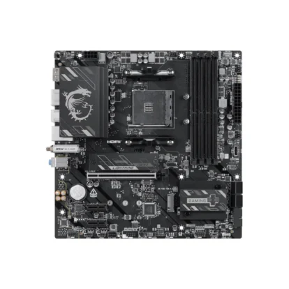 Atx motherboard with pcie slot, cpu socket, ram slots, and i/o ports visible for a desktop build