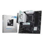 Msi b760m gaming plus wifi gen5 motherboard displayed next to its gray packaging box.