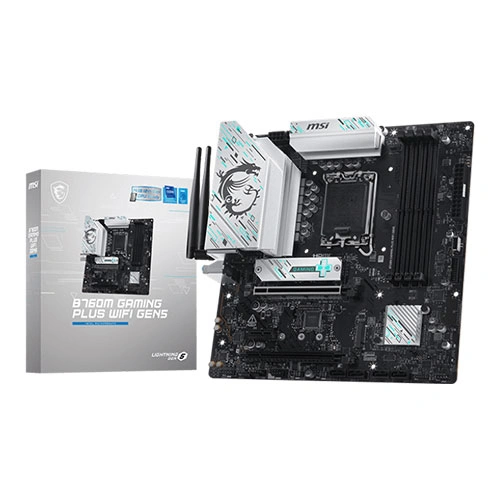 Msi b760m gaming plus wifi6e gen5 m-atx motherboard Msi b760m gaming plus wifi gen5 motherboard displayed next to its gray packaging box.