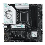 Msi gaming motherboard with white and teal patterned heatsinks, pcie x16 slot, and four dimm ram slots.
