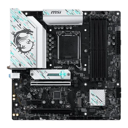 Msi gaming motherboard with white and teal patterned heatsinks, pcie x16 slot, and four dimm ram slots.
