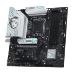Gaming motherboard with msi branding, showing cpu socket, ram slots, pcie slot, and heat sinks on a black circuit board.