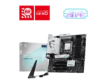 Msi product collage: red 6e and lightning gen5 logos, neon ai pc badge, and an msi motherboard with silver heatsinks.