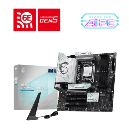 Msi product collage: red 6e and lightning gen5 logos, neon ai pc badge, and an msi motherboard with silver heatsinks.