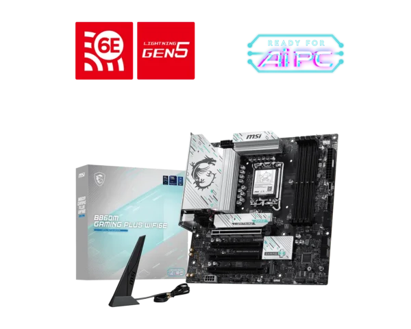 Msi product collage: red 6e and lightning gen5 logos, neon ai pc badge, and an msi motherboard with silver heatsinks.