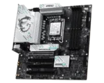 Msi gaming motherboard featuring large silver heatsinks, multiple ram slots, and pcie slots with prominent msi logos visible at the top and bottom.