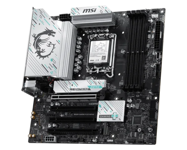 Msi gaming motherboard featuring large silver heatsinks, multiple ram slots, and pcie slots with prominent msi logos visible at the top and bottom.