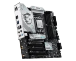 Msi gaming motherboard with dragon artwork, pcie slots, ramslots, and i/o shield visible on a black background (aluminum finish)