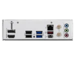 Rear i/o panel of a motherboard with hdmi and displayport, multiple usb ports (usb 3. X and usb-c), ethernet jack, and colorful audio jacks for mic/headphones.