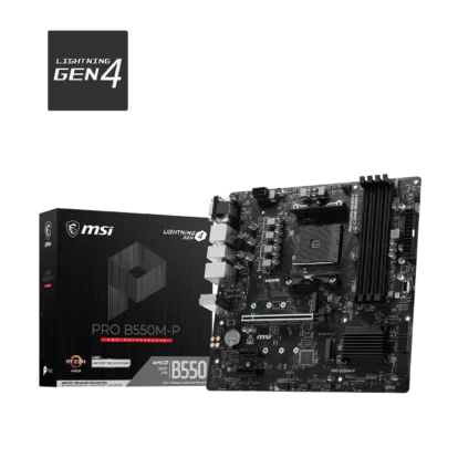 Msi mainboard pro b550m-p amd m-atx motherboard Msi pro b550m-p motherboard partially shown with pcie slots and heatsinks on a black background; lightning gen4 logo in top-left corner.