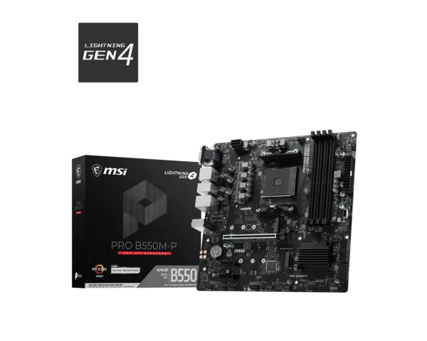 Msi pro b550m-p motherboard partially shown with pcie slots and heatsinks on a black background; lightning gen4 logo in top-left corner.