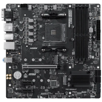 Motherboard layout with cpu socket, dimm ram slots, pcie slot, and i/o ports visible from top-left to bottom-right. Typical atx/micro-atx board design "msi" label present.