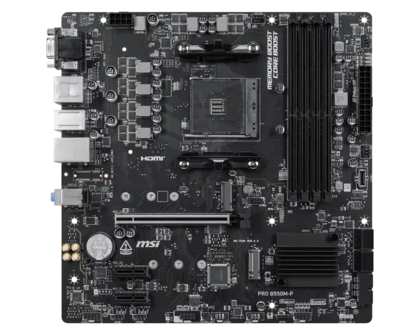 Motherboard layout with cpu socket, dimm ram slots, pcie slot, and i/o ports visible from top-left to bottom-right. Typical atx/micro-atx board design "msi" label present.