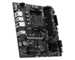 Msi pro b550m-p motherboard shown at an angle, exposing cpu socket, ram slots, pcie slot, and rear i/o ports (usb, hdmi, audio).