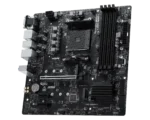 Overhead view of an msi pro b550m-p motherboard showing the cpu socket, four dimm ram slots, pcie slot, and rear i/o area.