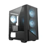 Mid-tower pc case with a transparent side panel and three blue-lit front fans.