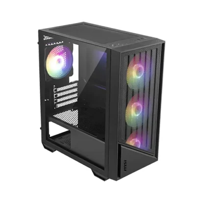 Mid-tower computer case with rgb-lit front fans and a side panel window, shown at an angle.