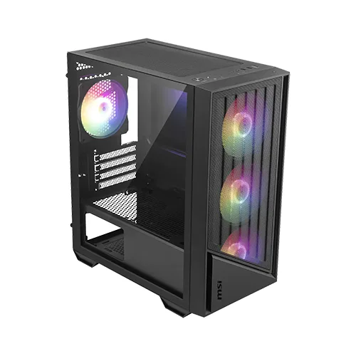 Msi pro forge m051r argb m-atx mini tower case Mid-tower computer case with rgb-lit front fans and a side panel window, shown at an angle.