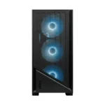 Black mid-tower pc case with three blue led-lit fans visible through a transparent side panel.