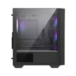 Mid-tower pc case with a tempered glass side panel showing purple rgb lighting inside