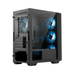 Black mid-tower pc case with blue led cooling fans visible through a tempered glass side panel, showing internal components.