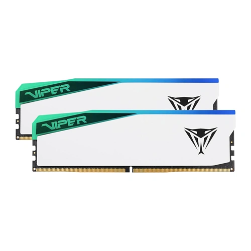 Patriot viper elite 5 rgb white 32gb (16gbx2) 6000mhz cl30 ddr5 ram Two white viper ram sticks with teal branding and a blue top edge, showing gold connector pins.