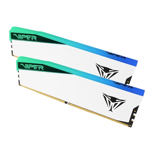 Patriot viper elite 5 rgb white 32gb (16gbx2) 6000mhz cl30 ddr5 ram Two viper ddr4 desktop memory sticks with gradient teal-to-blue heat spreaders, white center, and viper logo.