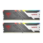 Two ddr4 ram sticks with black heat spreaders, red viper logo, and multicolor rgb lighting along the top edge.