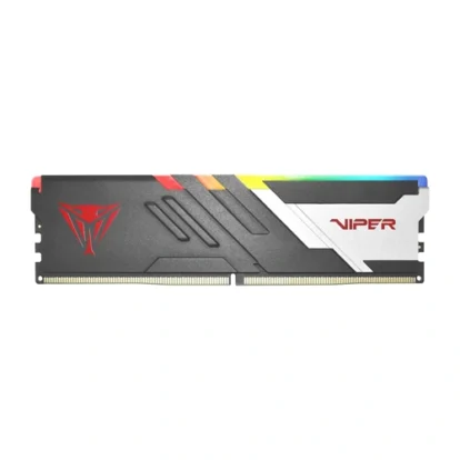 Patriot viper rgb ddr4 ram module with a black heat spreader, red viper logo, and colorful rgb lighting on top.