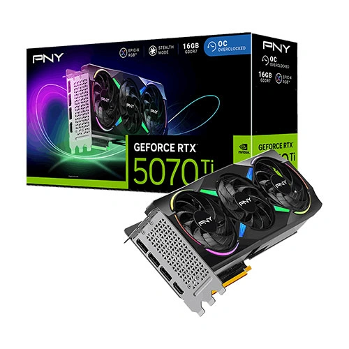 Pny rtx 5070 ti argb oc 16gb gddr7 graphics card Pny geforce rtx 5070 ti graphics card with three fans beside its product box.