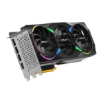 Pny triple-fan graphics card shown at an angled view with a perforated metal i/o bracket