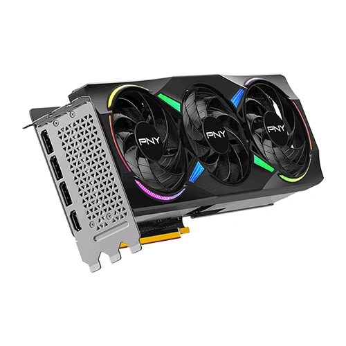 Pny rtx 5070 ti argb oc 16gb gddr7 graphics card Pny triple-fan graphics card shown at an angled view with a perforated metal i/o bracket