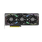 Triple-fan pny graphics card with rgb lighting, shown from the side with pcie connector visible.