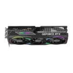 Triple-fan pny geforce rtx graphics card with rgb accents, shown from the side with pcie bracket visible.